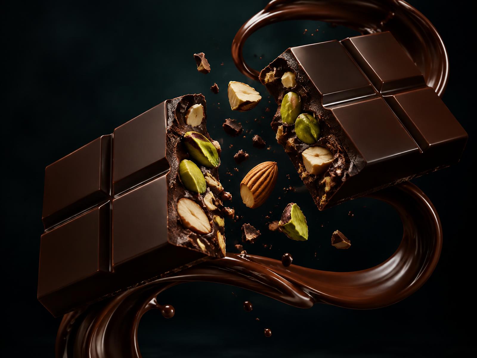Dark chocolate bar broken open with pistachios and almonds